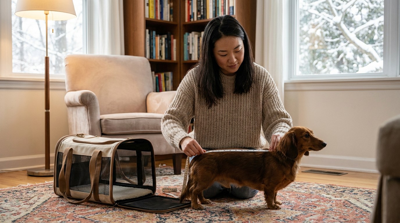 AI-generated image: a woman measures her miniature dachshund beside a soft-sided pet carrier before a holiday flight