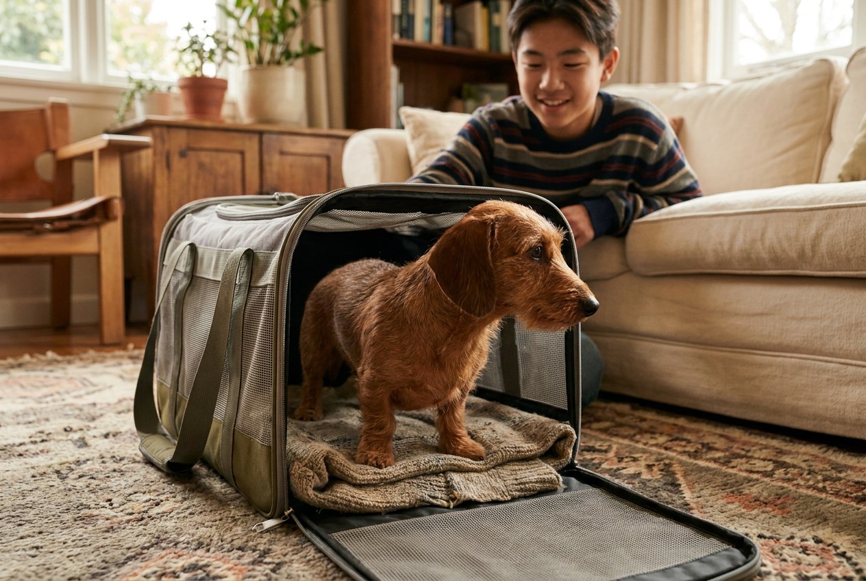 AI-generated image: a miniature dachshund turns around comfortably inside a soft-sided travel carrier at home