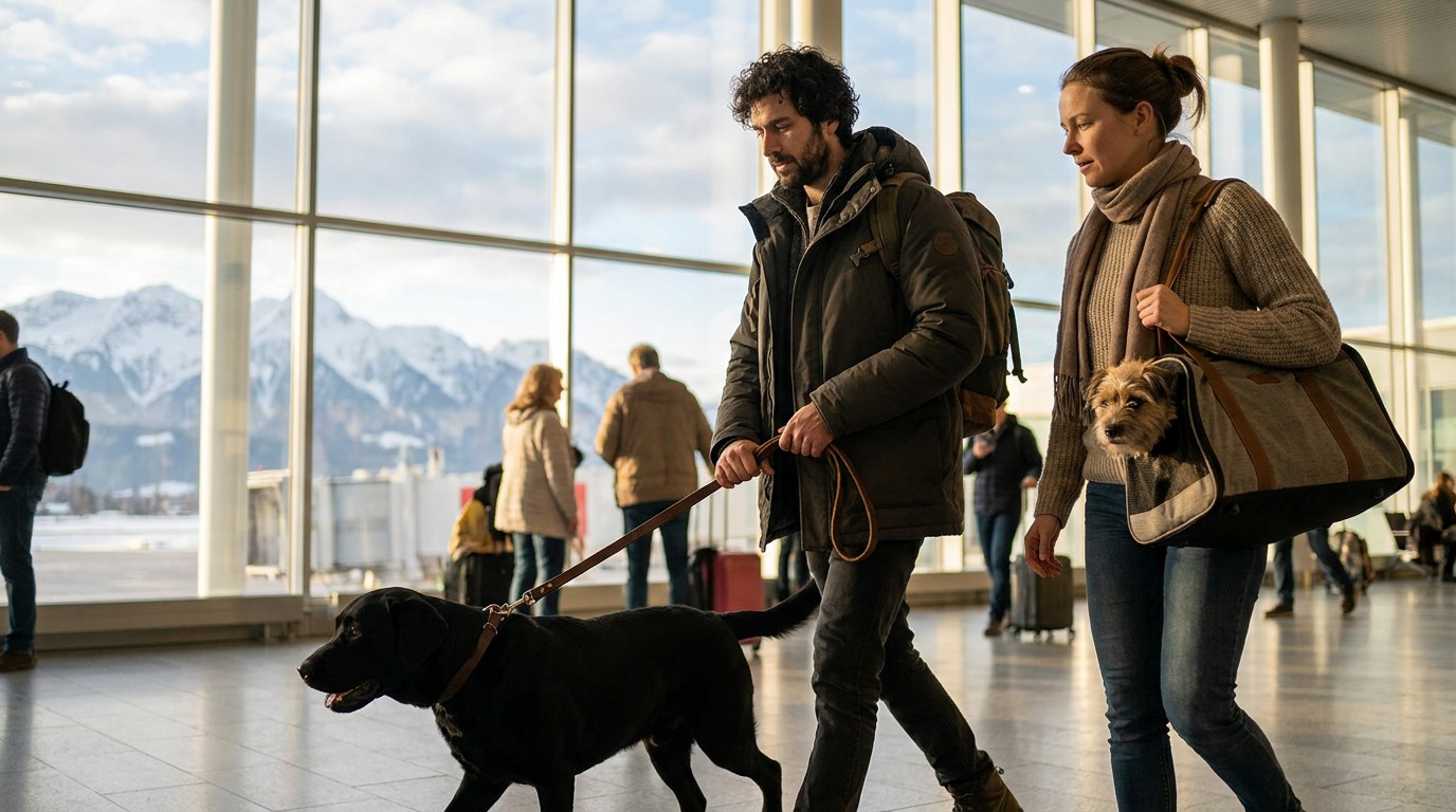 A couple arrives at a mountain-view airport with a large Labrador on a leash and a French Bulldog in a soft carrier (AI-generated image)