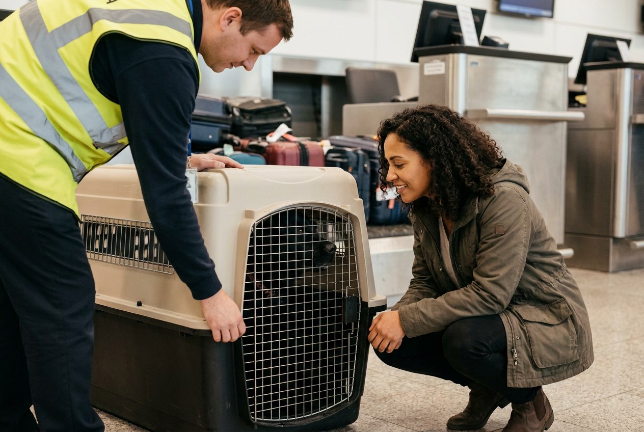 An airline agent secures a large dog's hard-sided kennel at check-in while its owner reassures the dog