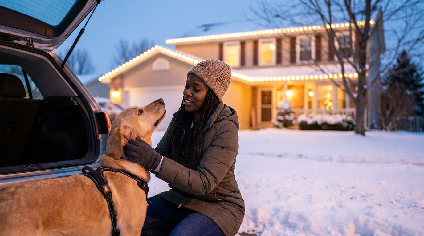A woman kneels beside her Lab mix in a snowy driveway next to a loaded car, deciding whether to bring the dog on a holiday trip. AI-generated image.