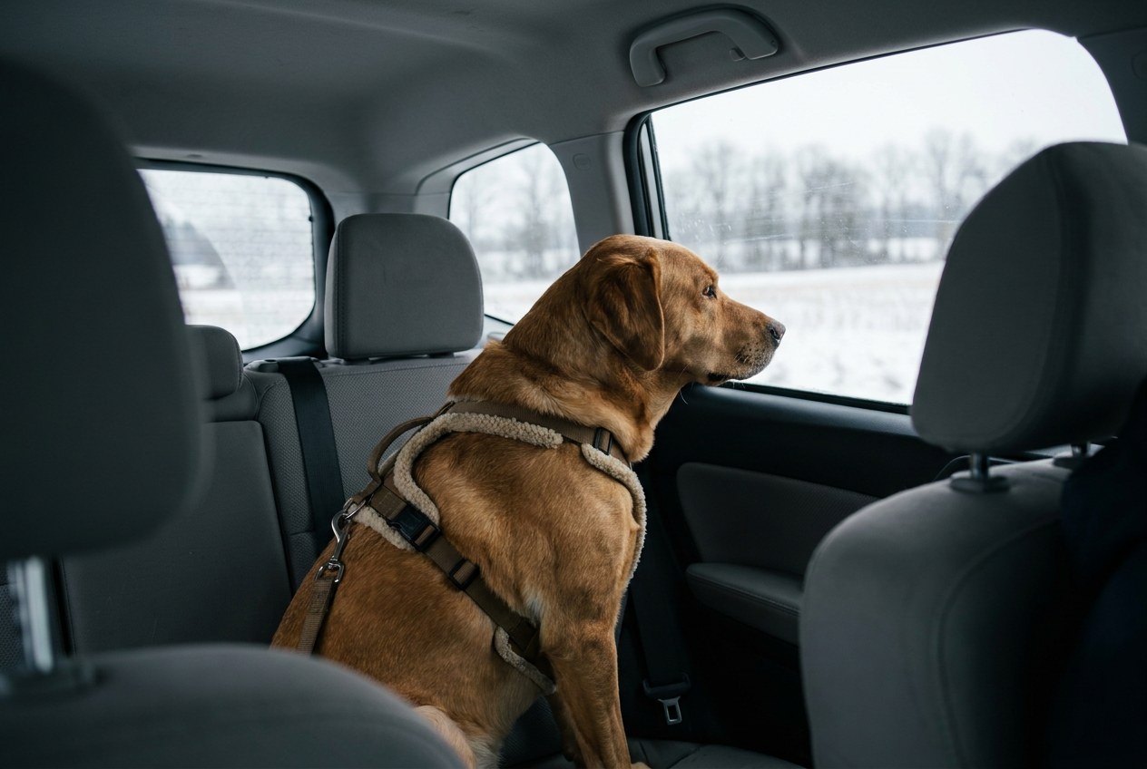 A Lab mix rides in a harness in the back seat on a snowy highway drive. AI-generated image.