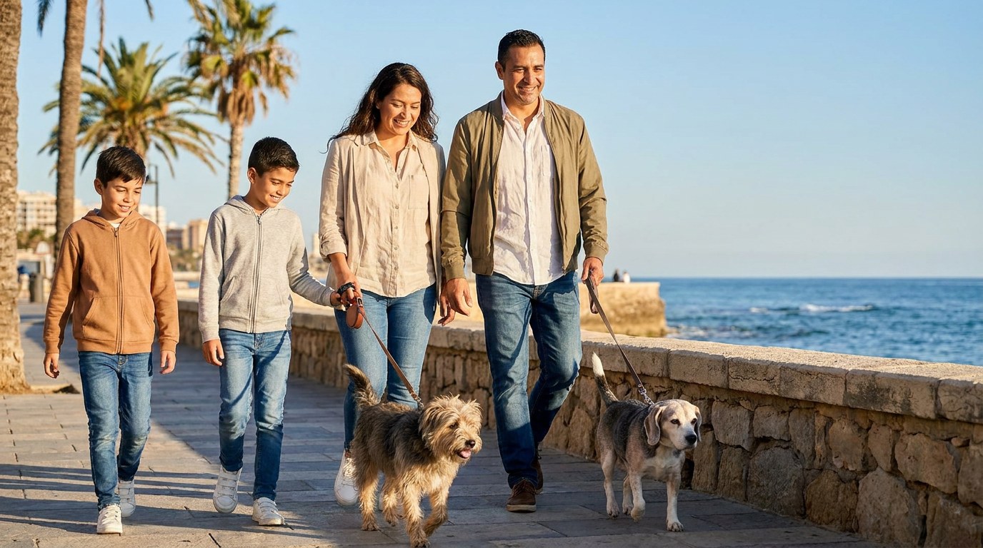 AI-generated image: a family walks their two dogs along a sunny seaside promenade on a winter holiday in Mexico