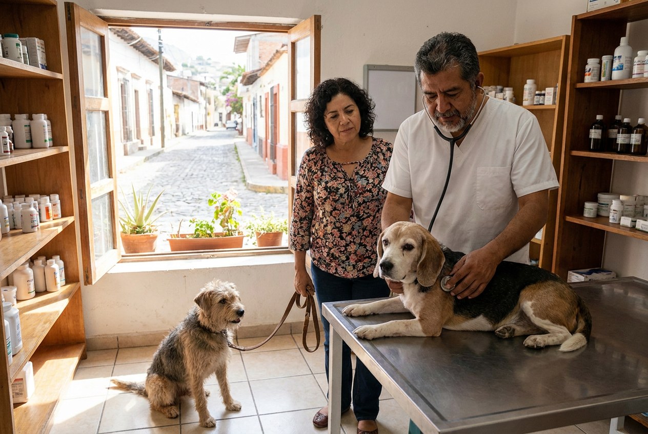 AI-generated image: a veterinarian in Mexico examines a beagle before the family's drive home