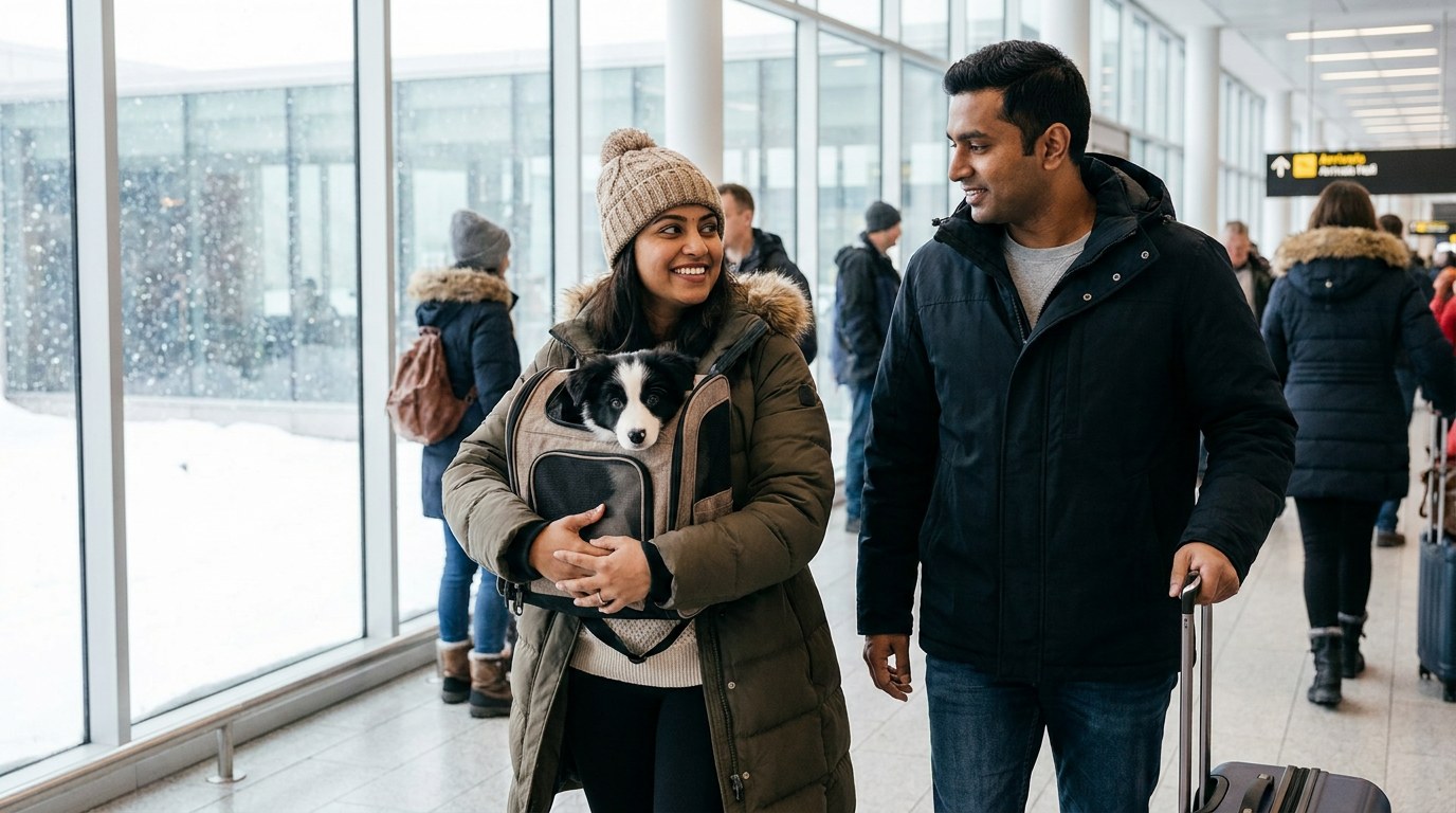 A couple arrives at a winter airport with a young border collie mix in a soft carrier. AI-generated image.
