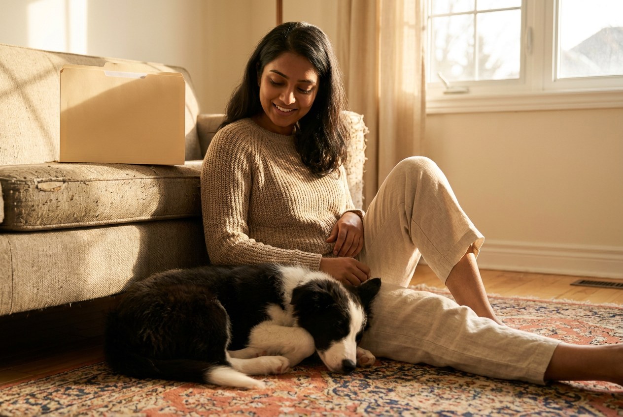 A woman sits with her sleeping puppy the evening before an international trip. AI-generated image.
