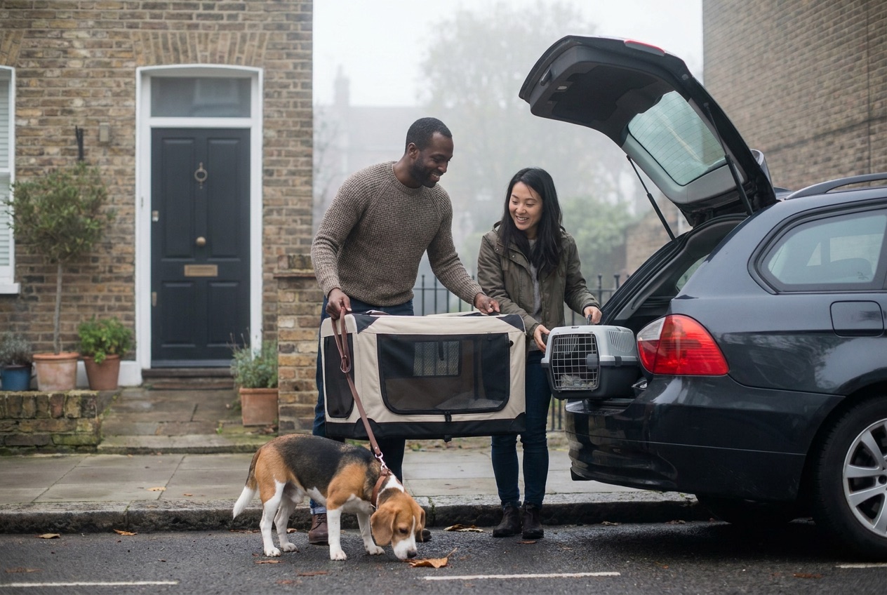 AI-generated image: a couple arrives at their new home in London with their beagle and cat