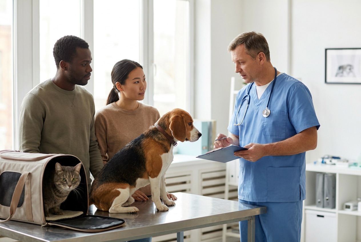 A couple at a vet clinic with their beagle and their cat in a carrier, going over travel papers with the vet. AI-generated image.