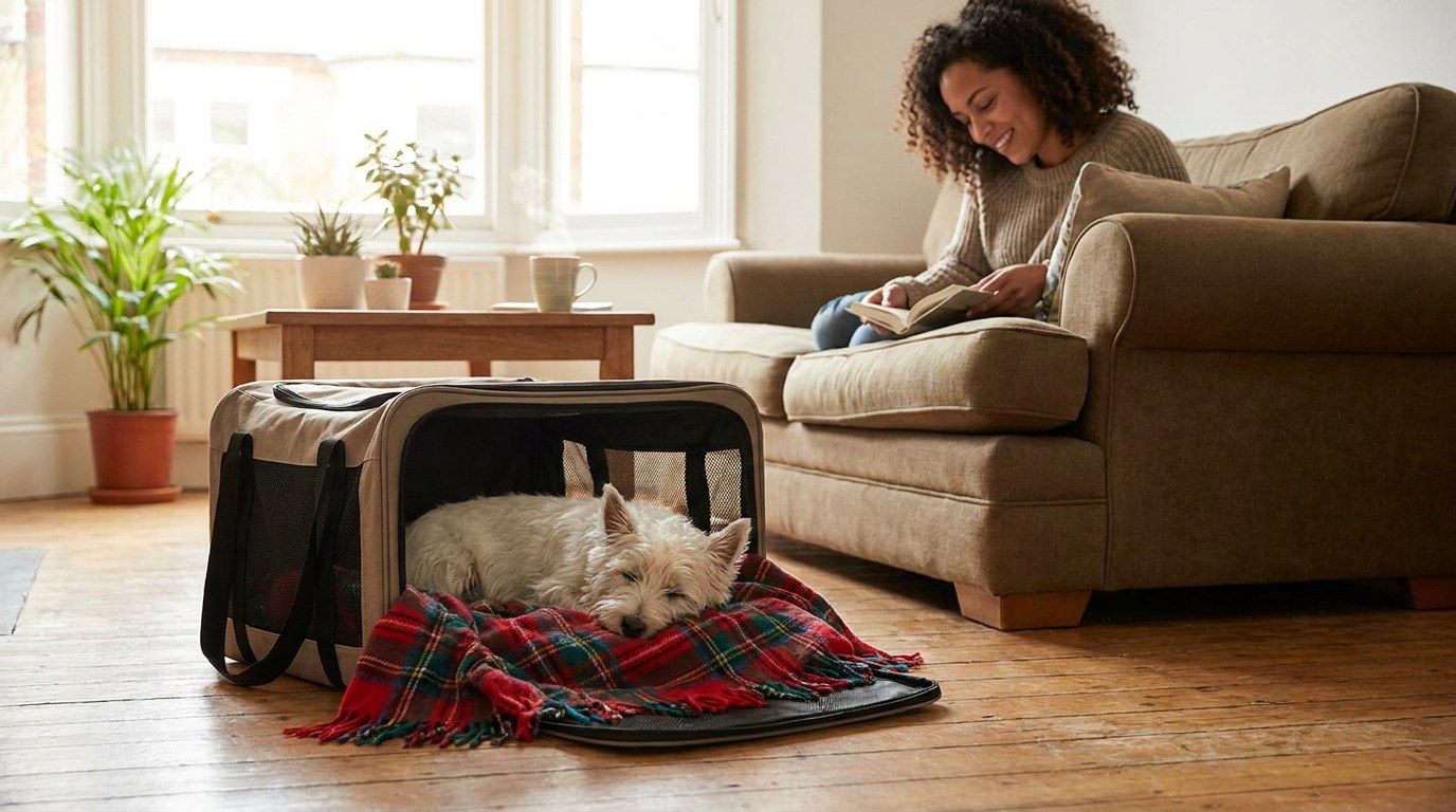 AI-generated image: a small terrier naps in an open travel carrier at home, getting used to it before a flight