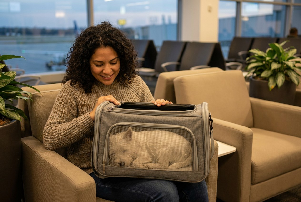 AI-generated image: a calm terrier rests in its carrier on its owner's lap in a quiet airport lounge