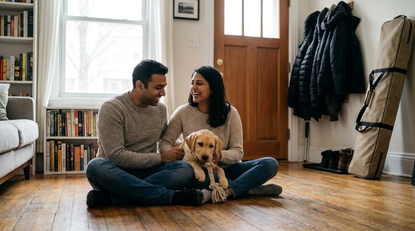 AI-generated image: a young couple at home with their Labrador puppy, ski gear ready by the door