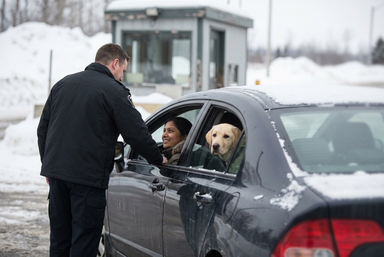 AI-generated image: a driver talks with a border officer at a snowy crossing while her Labrador waits in the back seat