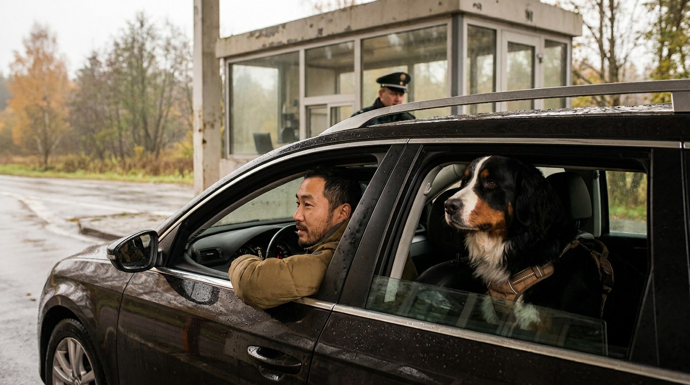 A driver waits at a border booth with his Bernese mountain dog harnessed in the back seat. AI-generated image.