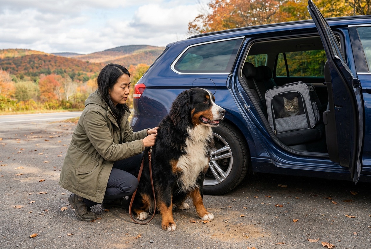 A woman clips a leash to her Bernese mountain dog at a rest stop, while her tabby cat waits in a carrier on the back seat. AI-generated image.