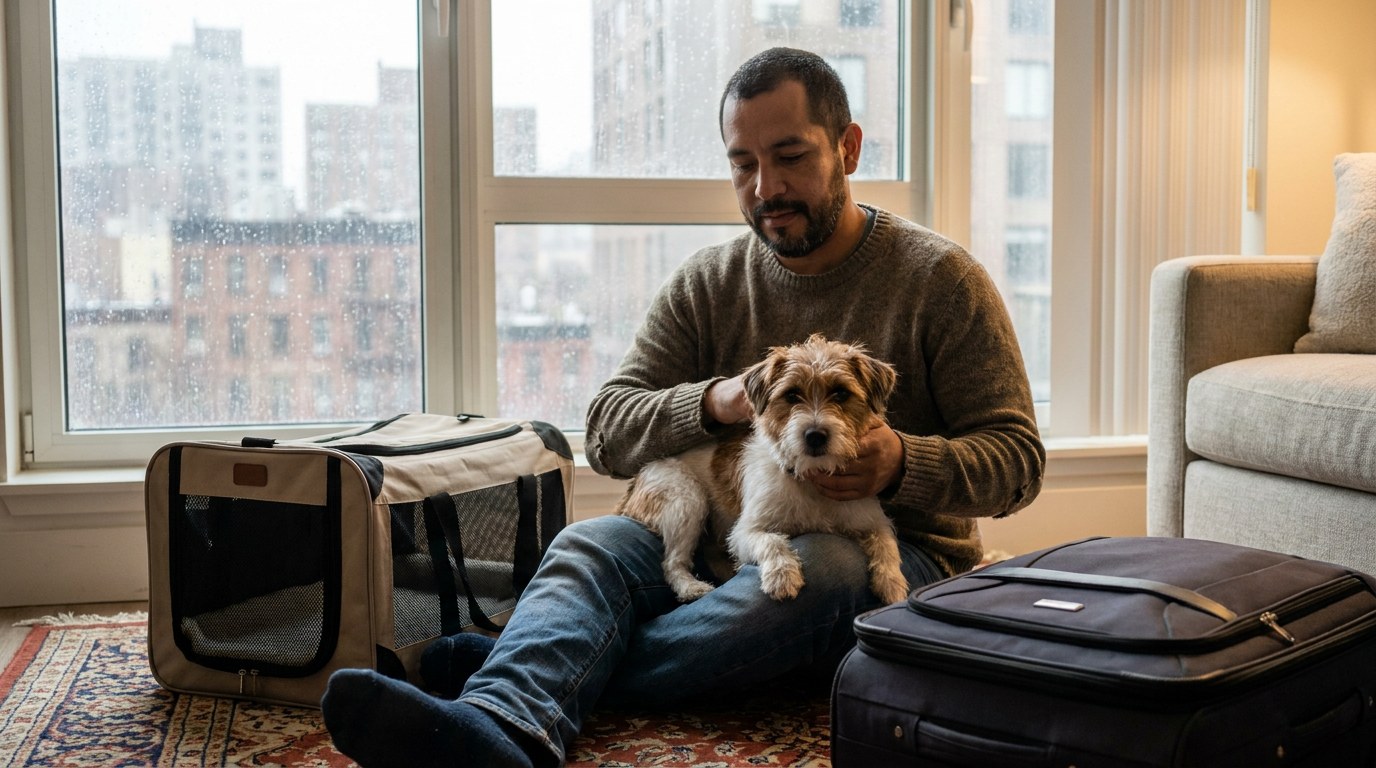 A man sits with his terrier mix next to a travel carrier while planning a trip abroad. AI-generated image.