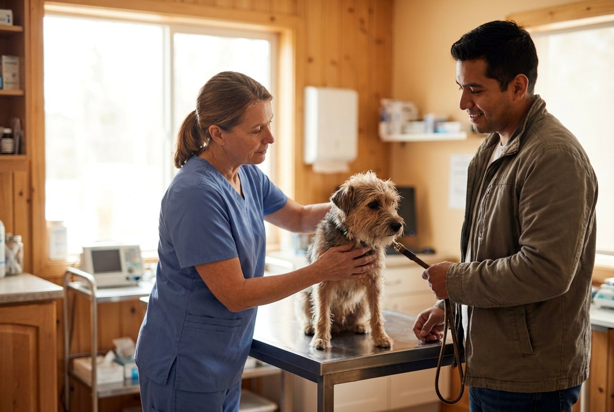 A vet examines a terrier mix before an international trip as the owner looks on. AI-generated image.