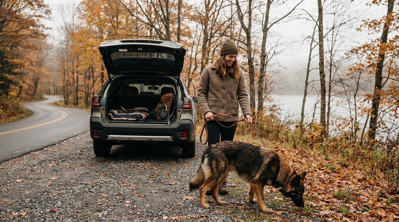 A solo driver walks her shepherd mix on a leash at a quiet highway pull-off by a lake. AI-generated image.