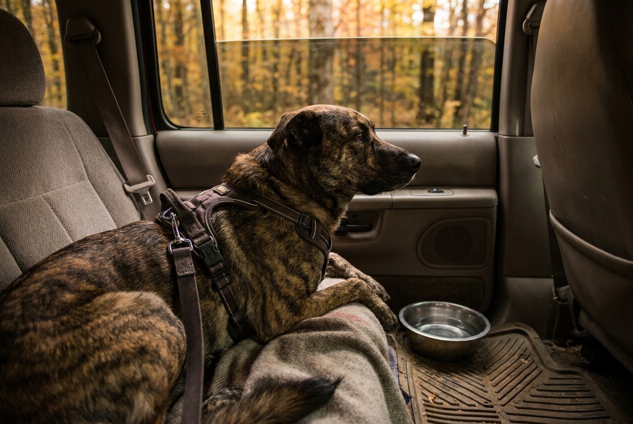 A shepherd mix rests in a harness clipped to the back seat during a long drive. AI-generated image.