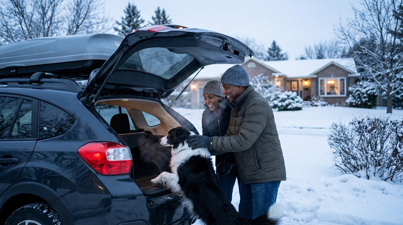 AI-generated image: a couple loads their border collie into an SUV on a snowy morning before a long drive south