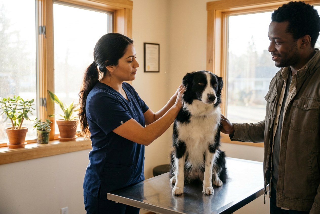 AI-generated image: a veterinarian inspects a border collie's coat during a clinic stop on a drive to Mexico