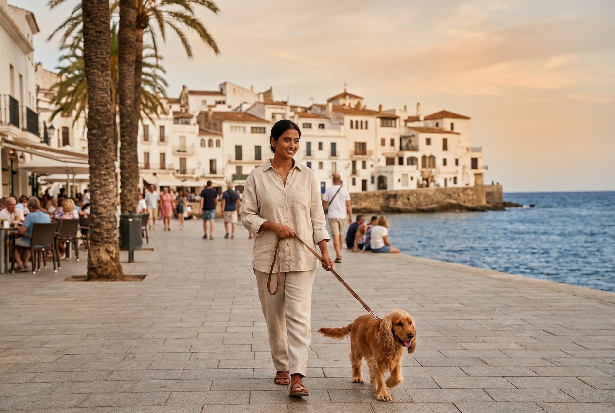 AI-generated image: a woman walks her cocker spaniel along a seafront promenade in Spain