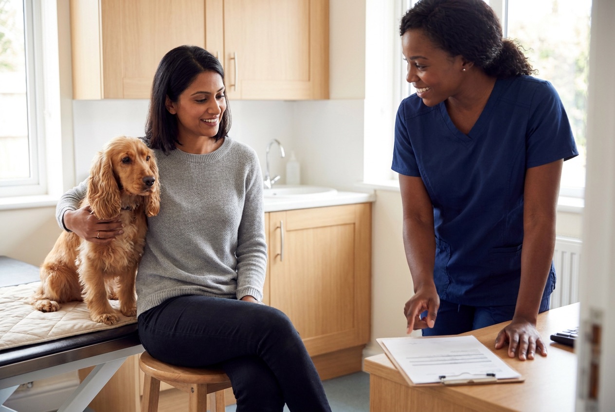A woman and her cocker spaniel sit with a vet at the clinic, going through travel papers on the desk. AI-generated image.