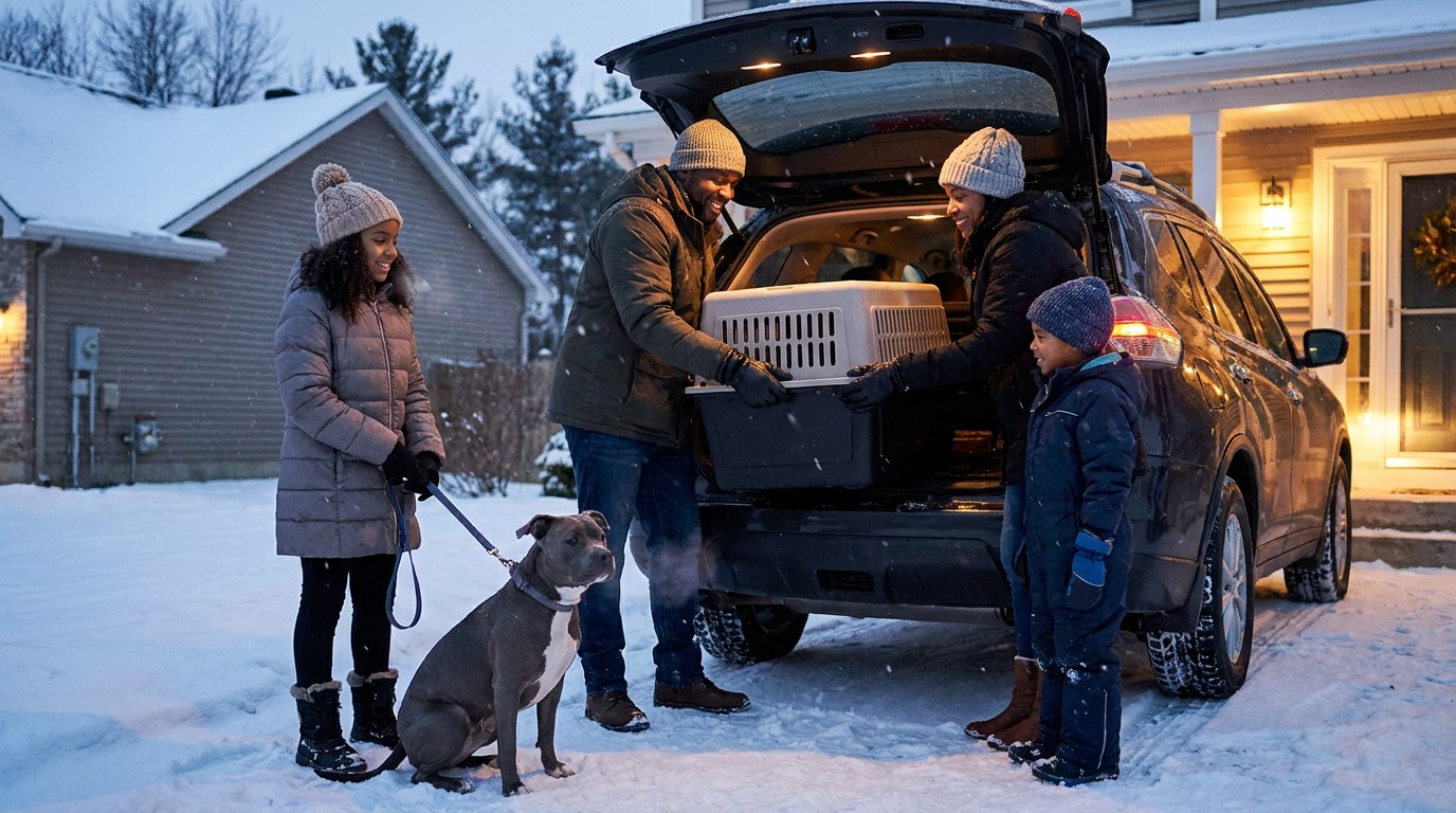 AI-generated image: a family in Calgary loads their dog's travel crate into the car before a December flight to Germany