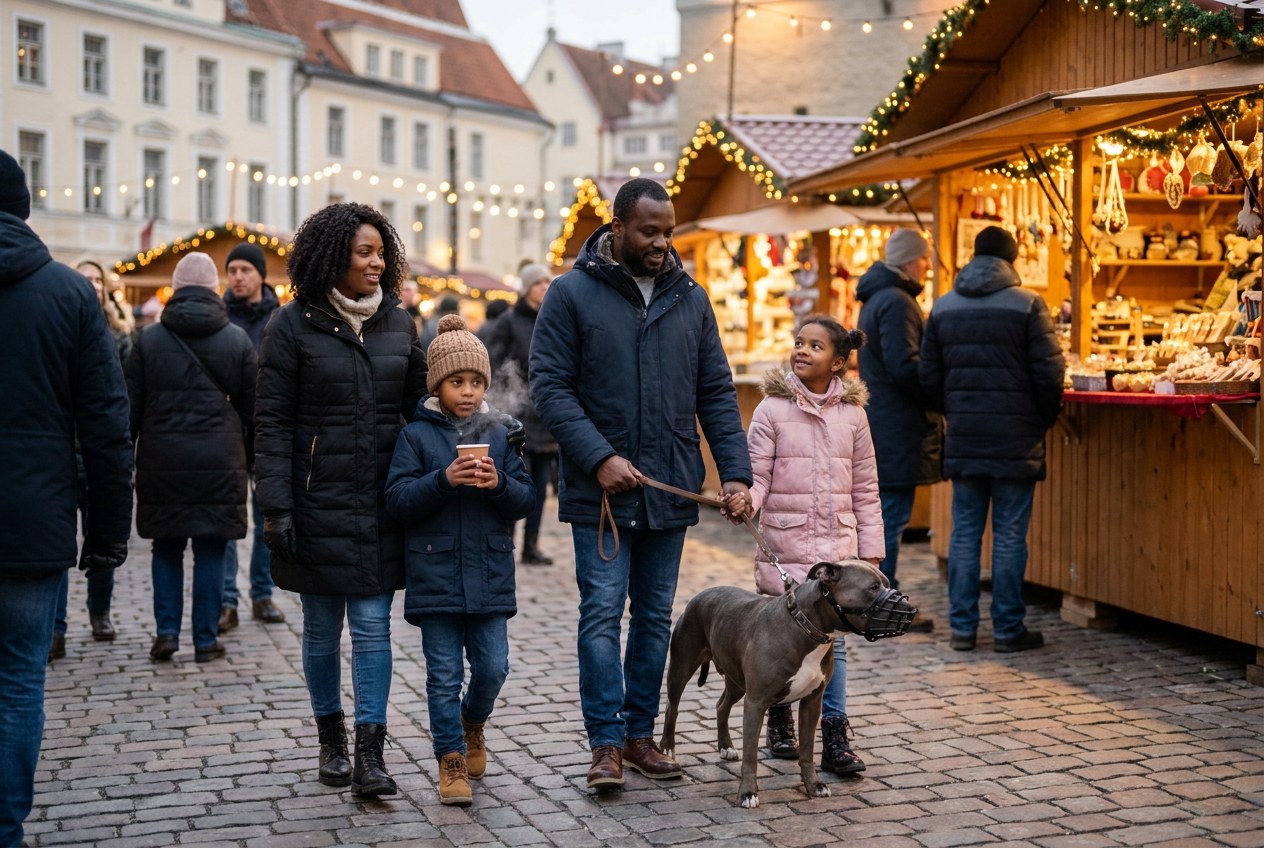 AI-generated image: a family walks their dog through a Christmas market in Germany during a short winter visit