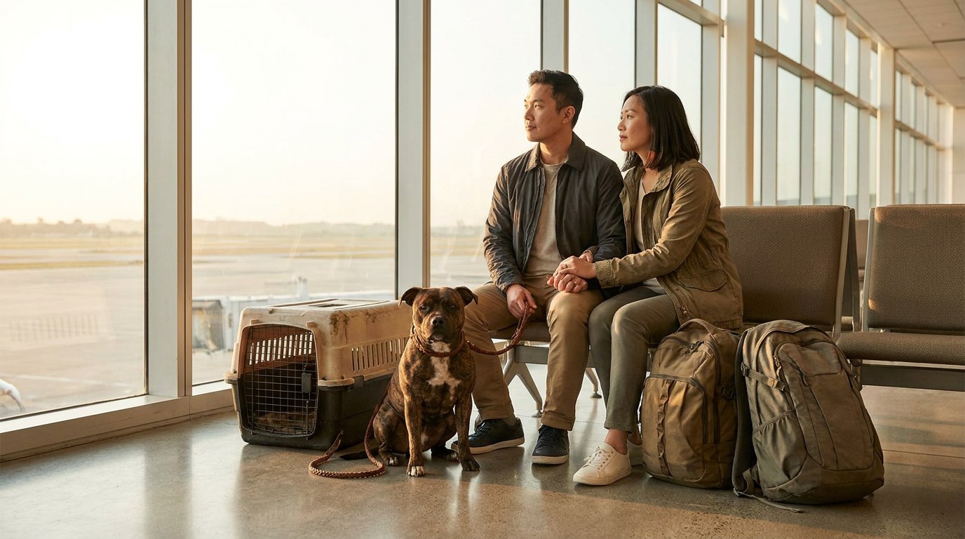 AI-generated image: a couple waits at an airport gate with their Staffordshire Bull Terrier before a flight to Europe