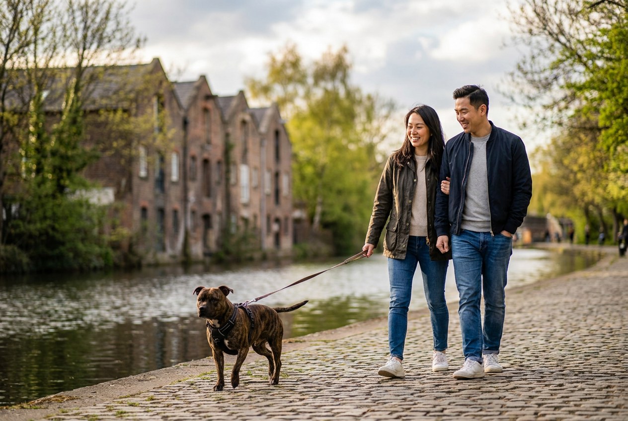 AI-generated image: a couple walks their dog along a canal path in spring during a trip through Europe