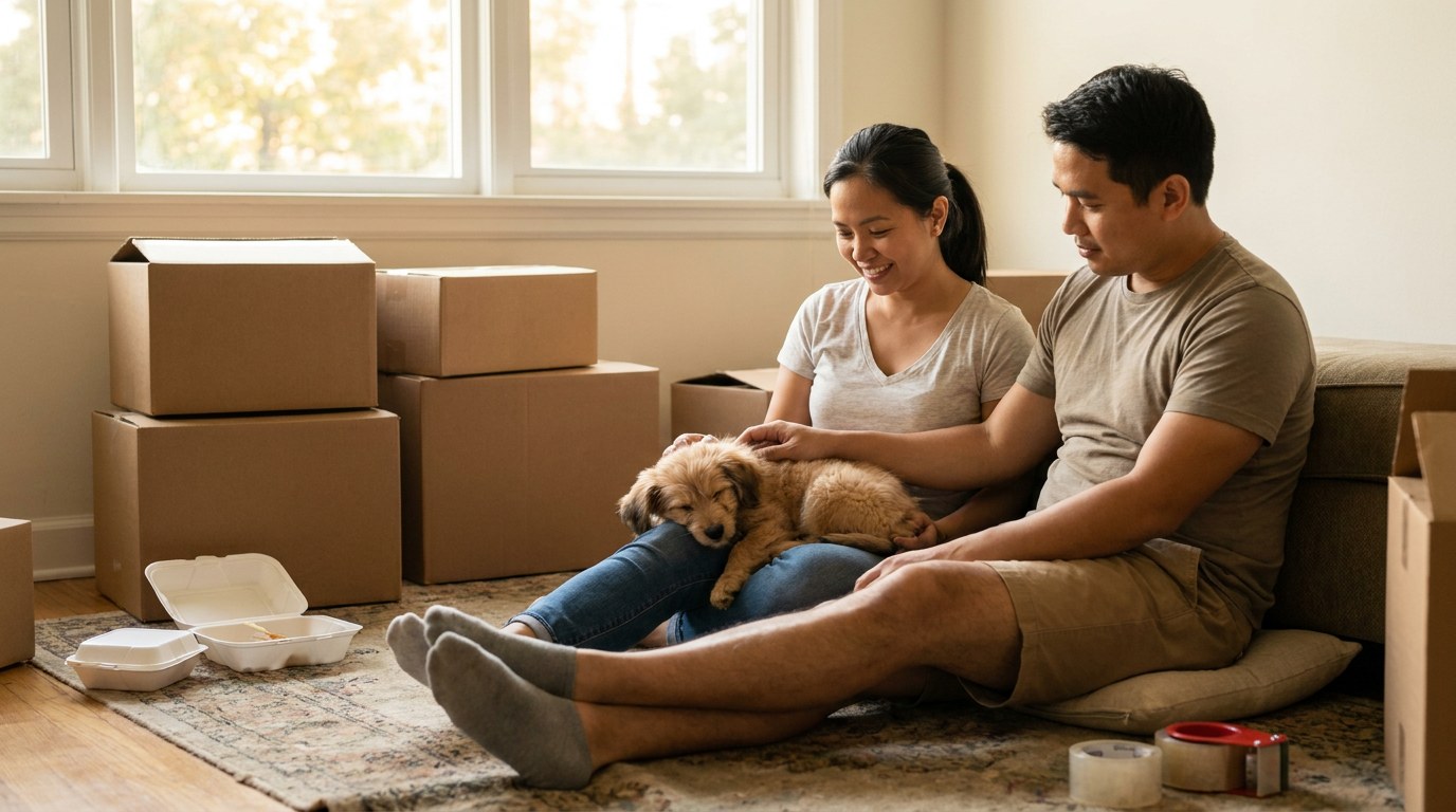 AI-generated image: a couple in Toronto packing for a move to Amsterdam with their young puppy