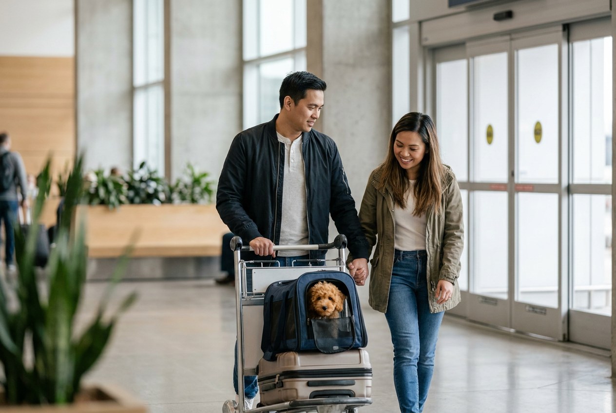 AI-generated image: a couple arrives in the Netherlands with their puppy after waiting until it was old enough to travel