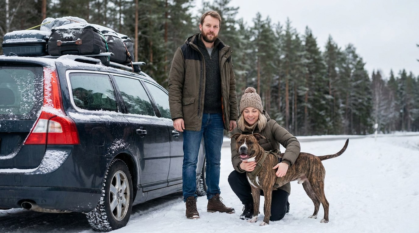 A couple pauses at a snowy highway pull-off with their American Staffordshire terrier during a cross-country drive. AI-generated image.