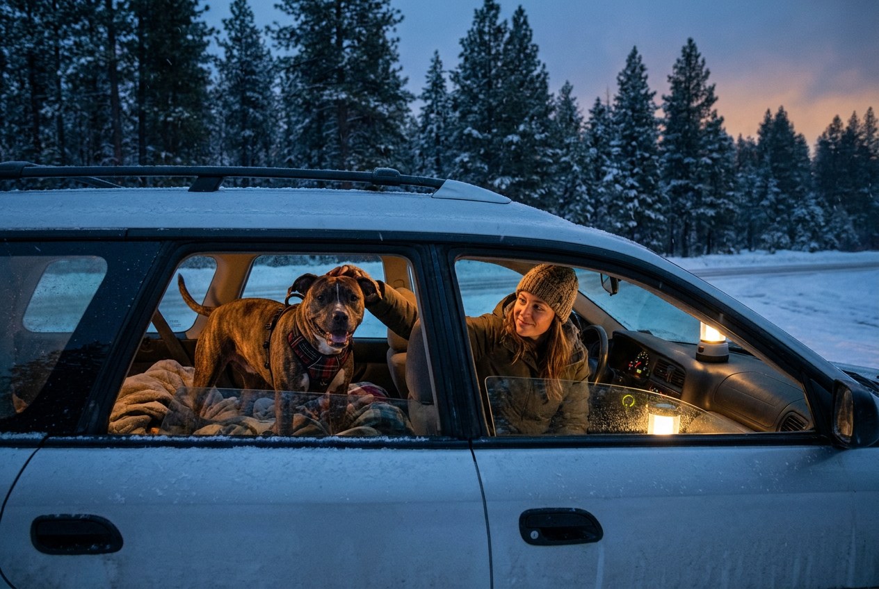 A Staffordshire terrier rests between the front seats as its owners weigh the route across provinces. AI-generated image.