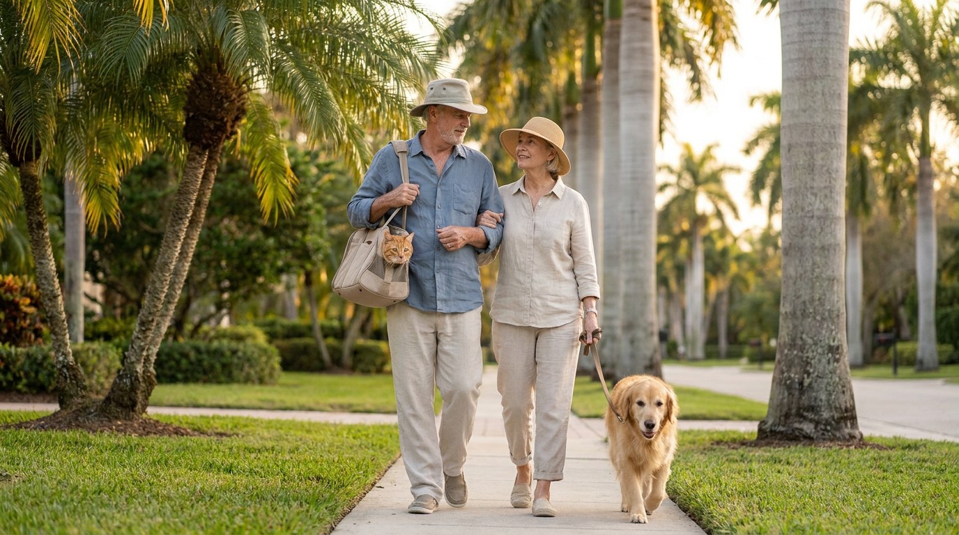 AI-generated image: a retired couple walks their golden retriever down a palm-lined Florida street on a winter afternoon