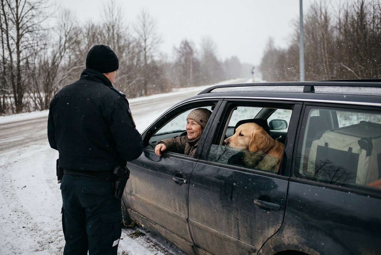 AI-generated image: a retired couple stops at a border crossing in November with their dog and cat in the back seat